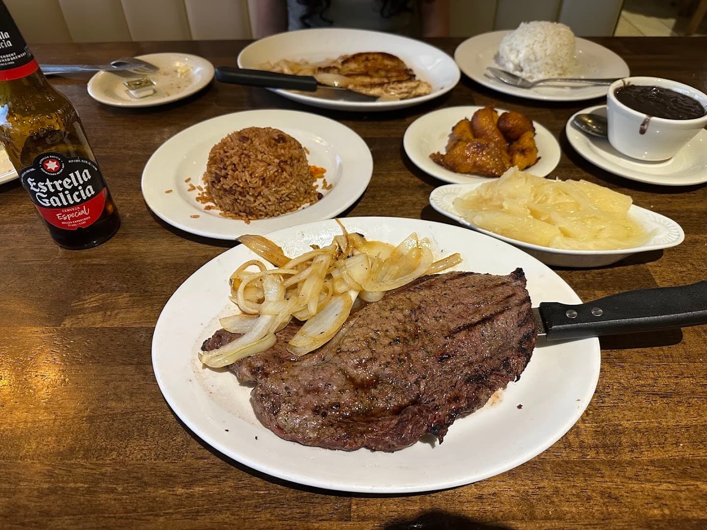 Delicious steak and sides at Islas Canarias Restaurant in Miami