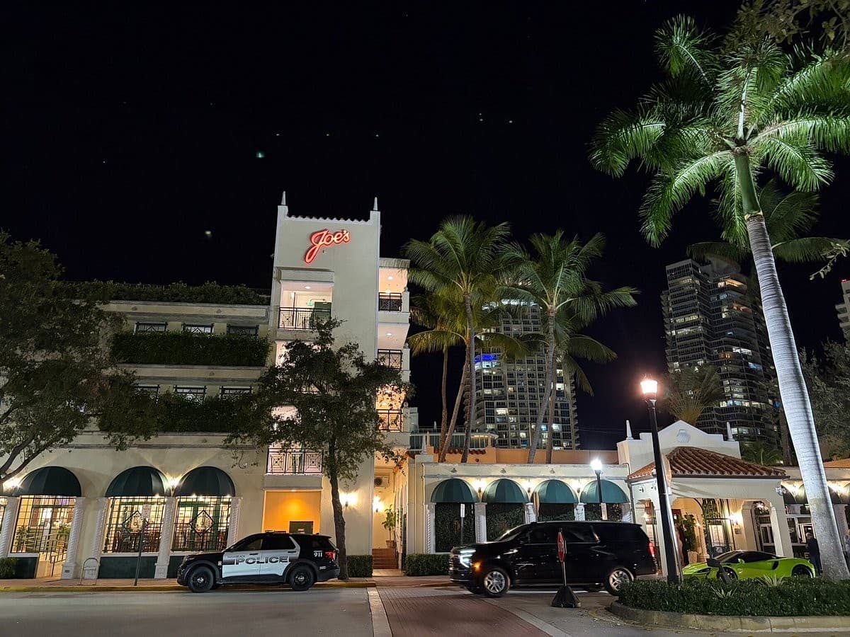 Joe's Stone Crab exterior at night in Miami Beach