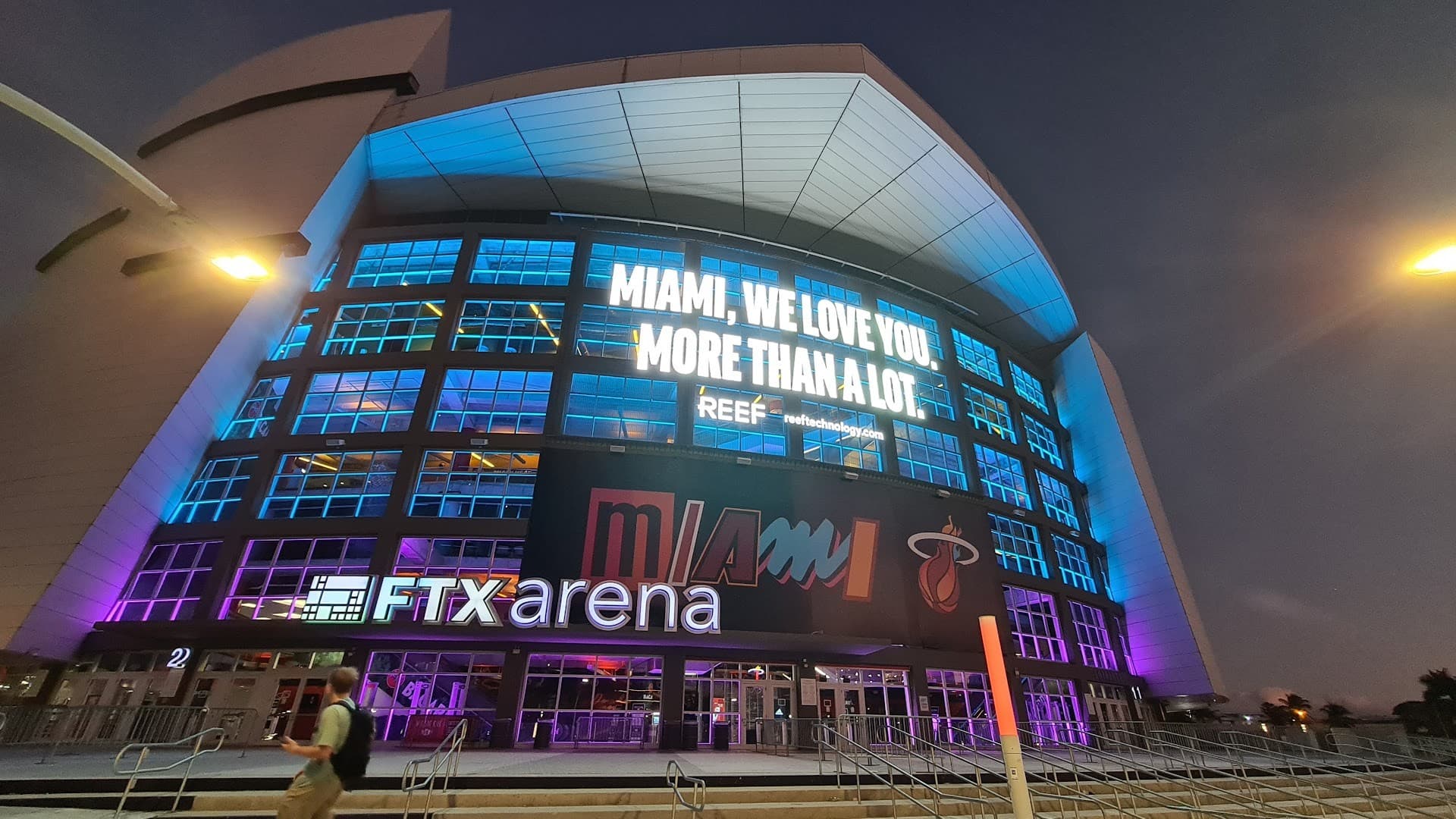 Kaseya Center in Miami with vibrant lighting at dusk