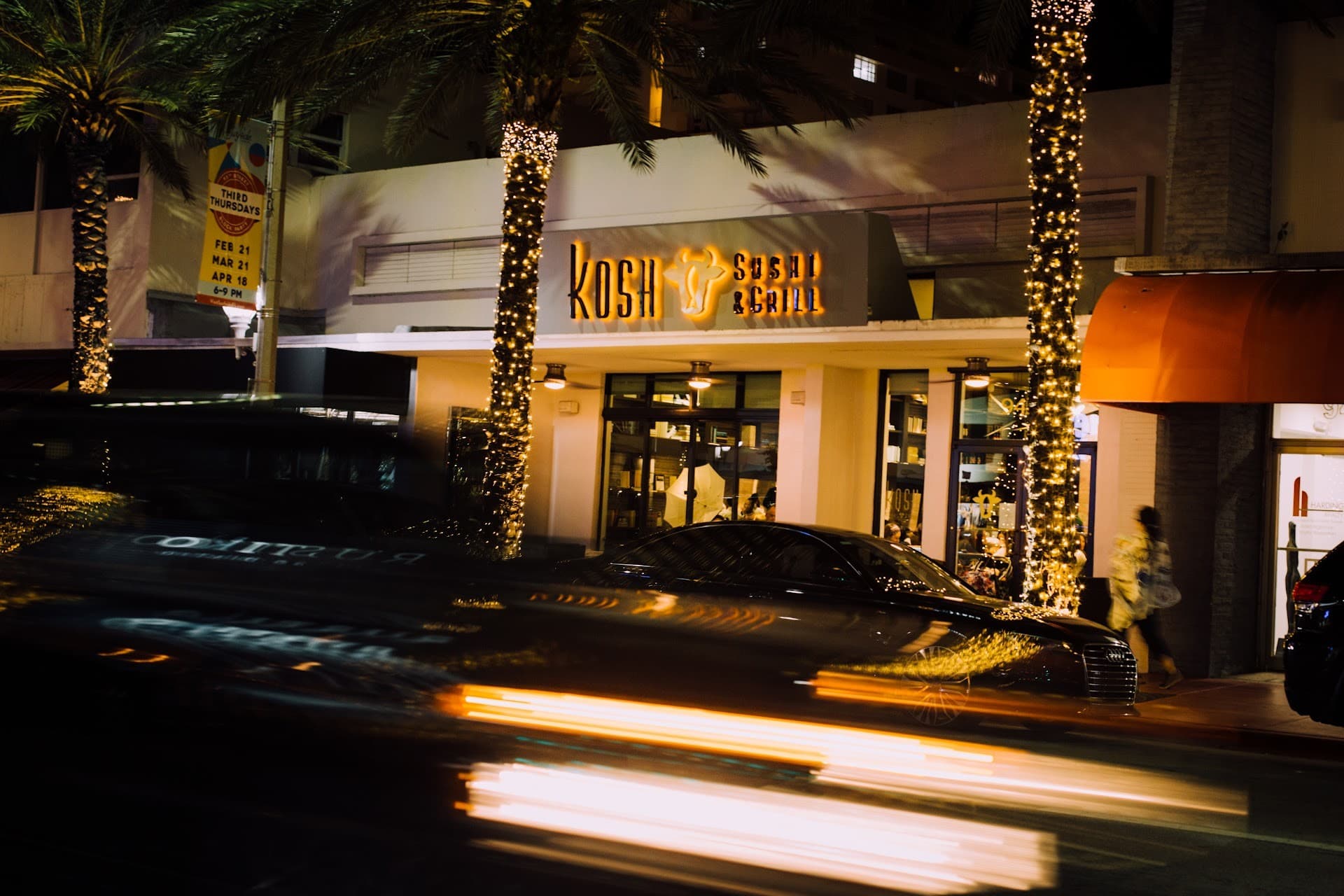 Kosh restaurant exterior in Surfside, Miami at night