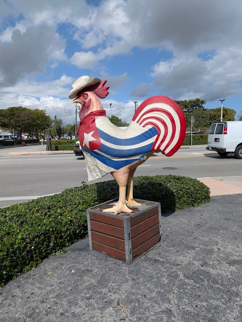 Colorful rooster statue outside La Carreta restaurant in Miami