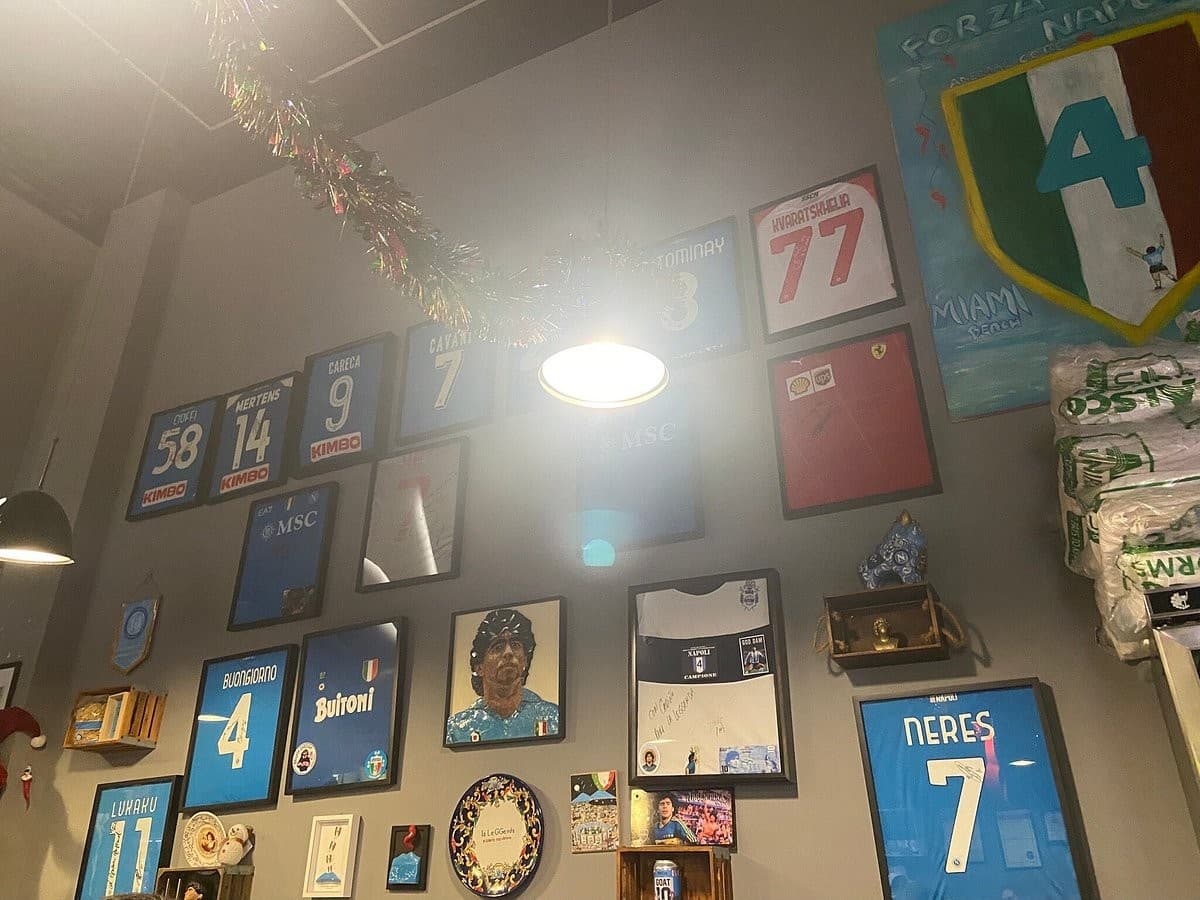 La Leggenda Pizzeria interior with memorabilia in Miami Beach