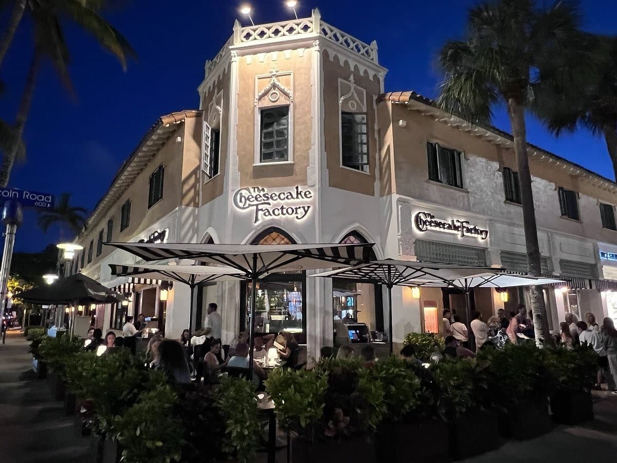 The Cheesecake Factory exterior in Miami at night