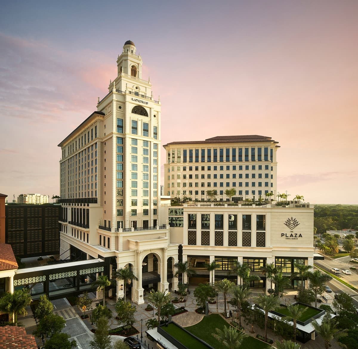 Loews Coral Gables Hotel exterior with twilight sky