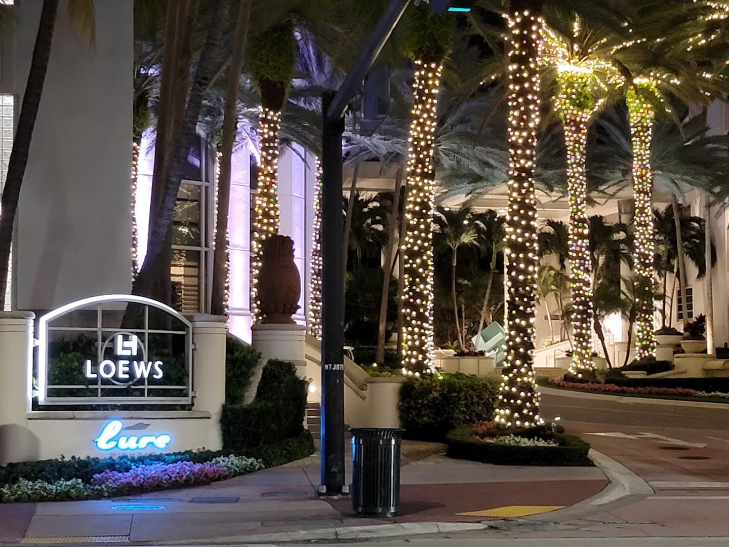Loews Miami Beach Hotel entrance signage at night