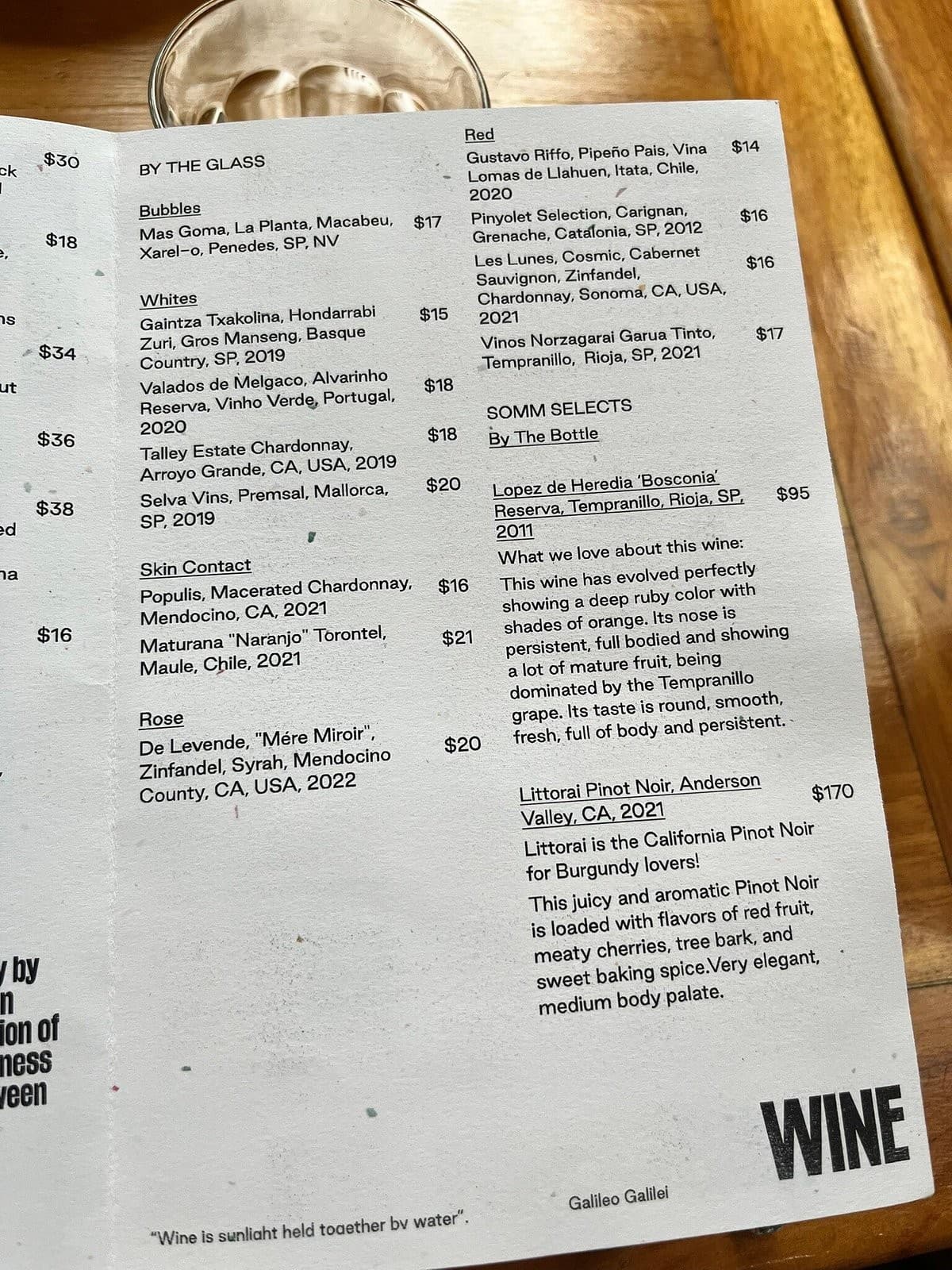 Wine menu at Los Félix Miami restaurant