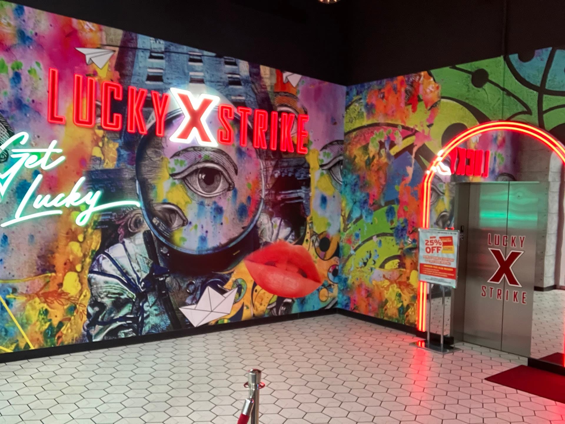 Lucky Strike Miami entrance with vibrant mural