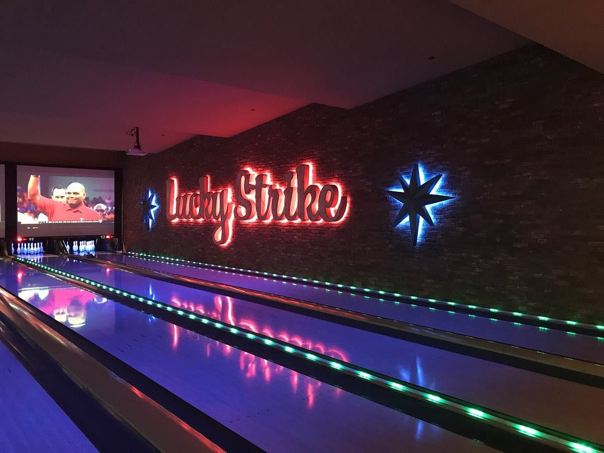 Lucky Strike Miami bowling alley interior with neon lights