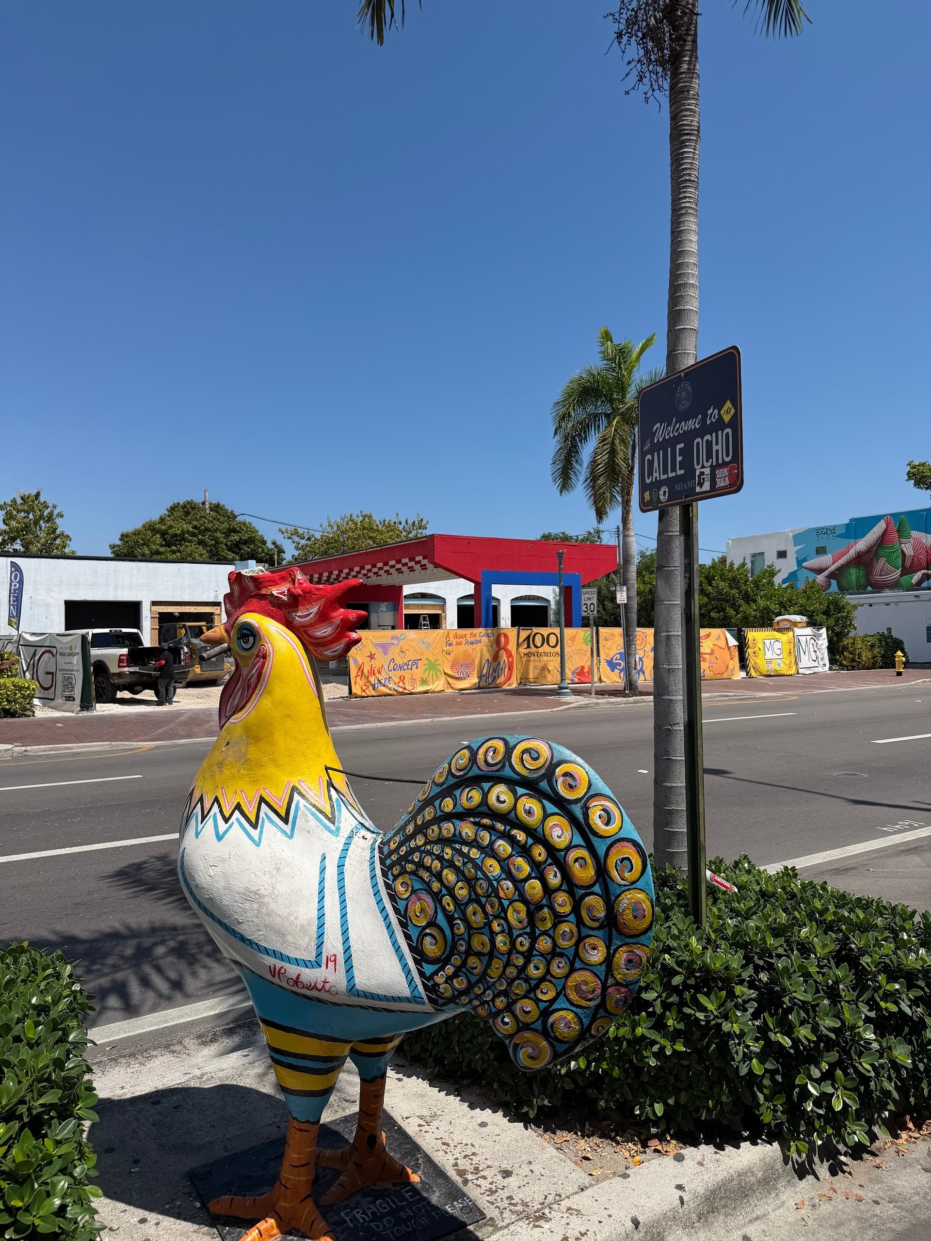 Colorful rooster statue at Miami Culinary Tours in Miami Beach