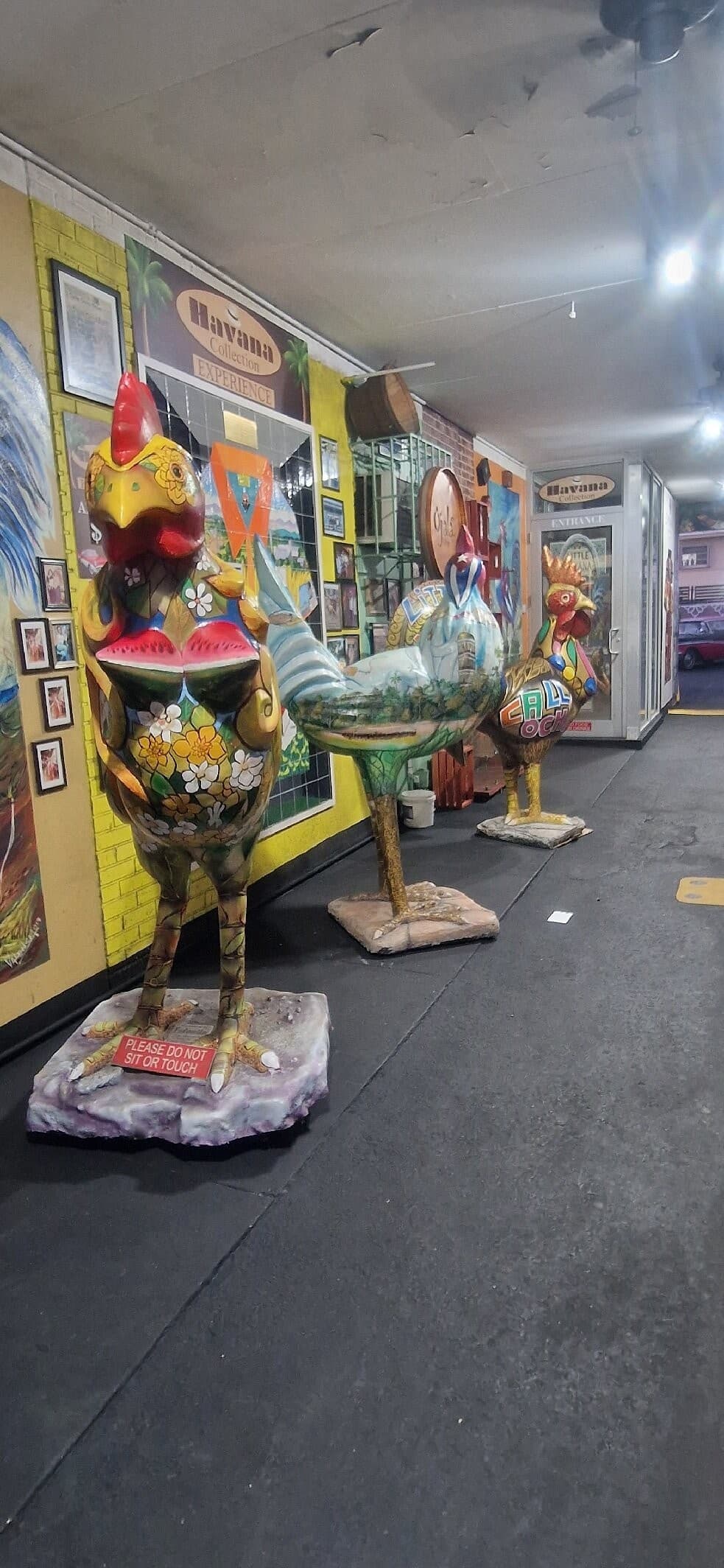 Colorful chicken sculptures at Miami Culinary Tours