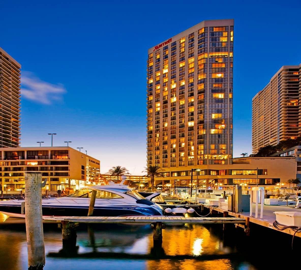 Miami Marriott Biscayne Bay hotel at dusk with reflections
