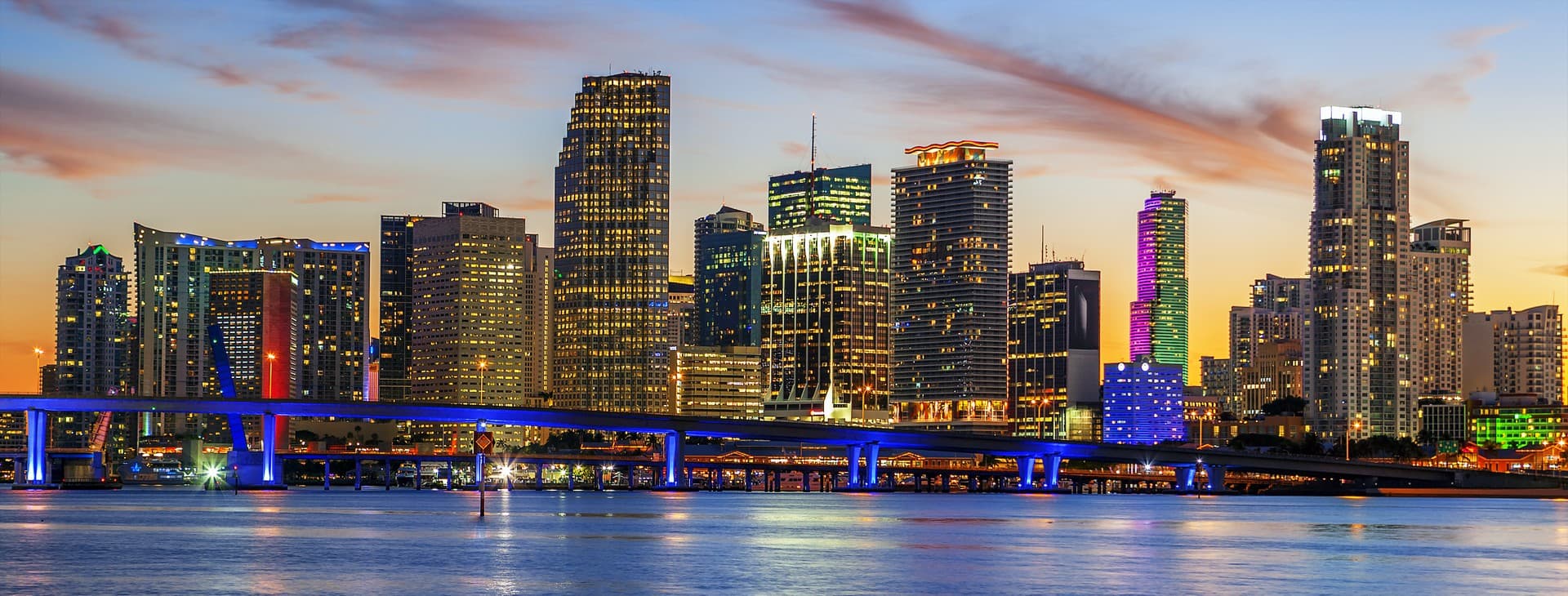 Miami skyline at sunset with vibrant colors