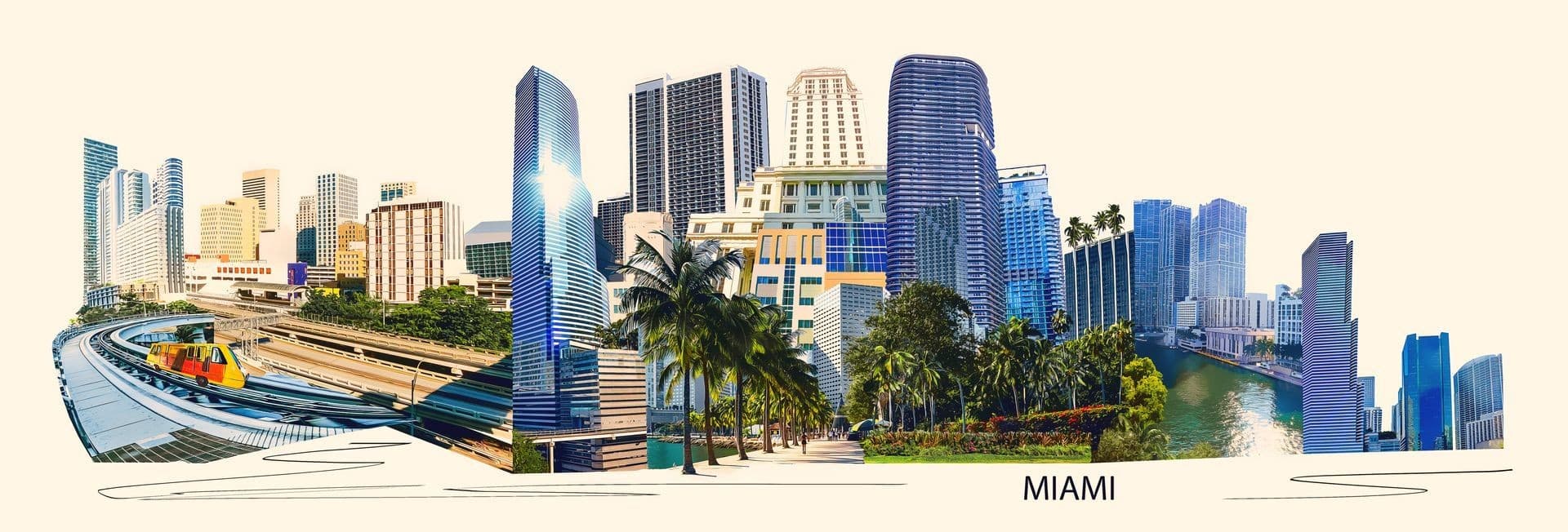 Miami skyline with modern buildings and greenery