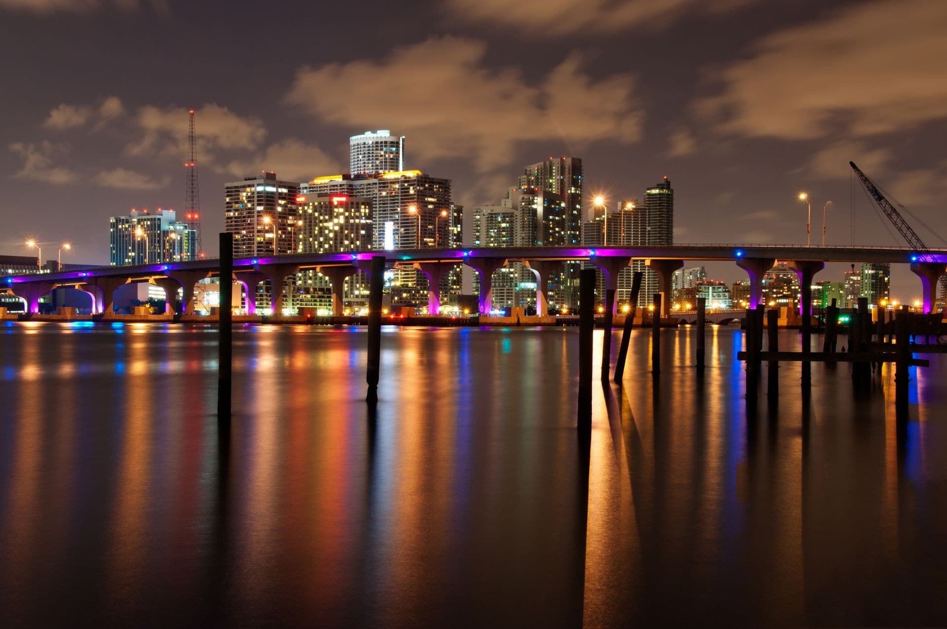 Miami skyline at night with colorful lights