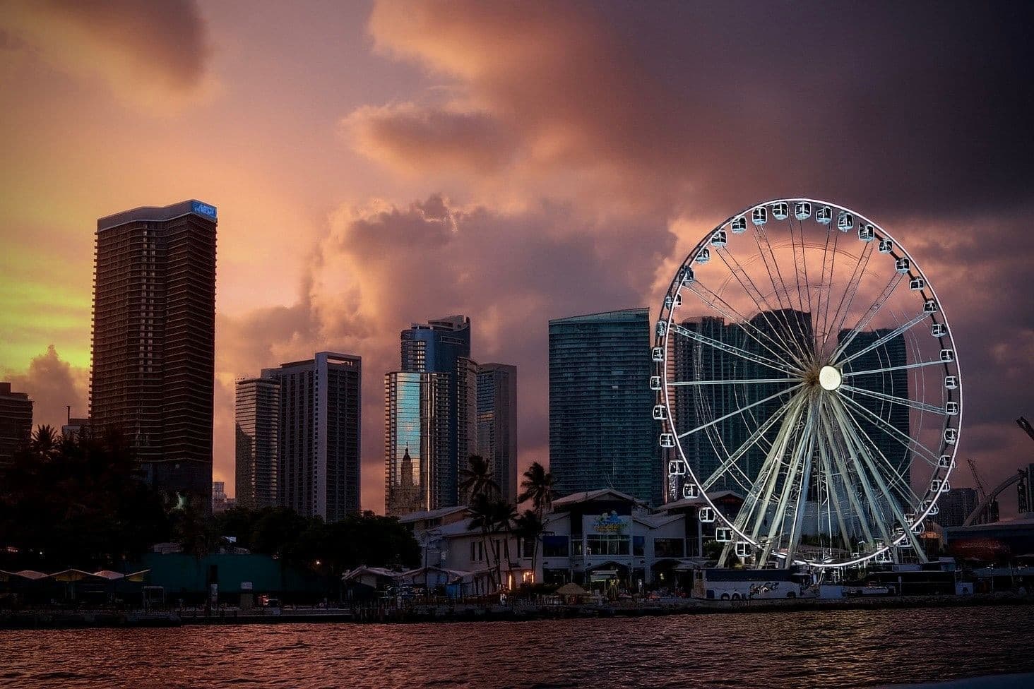 Miami skyline with Ferris wheel at sunset