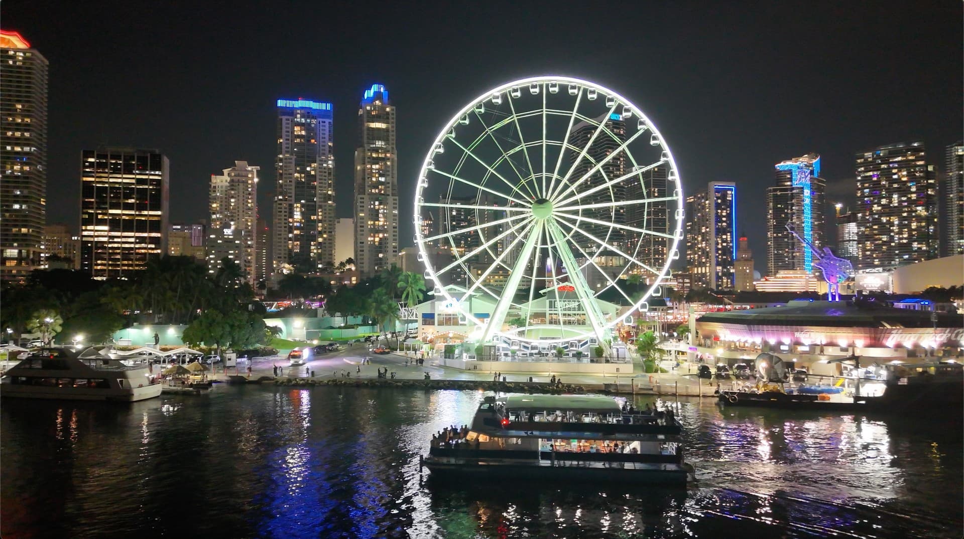 Miami Skyline Cruises night view with Ferris wheel