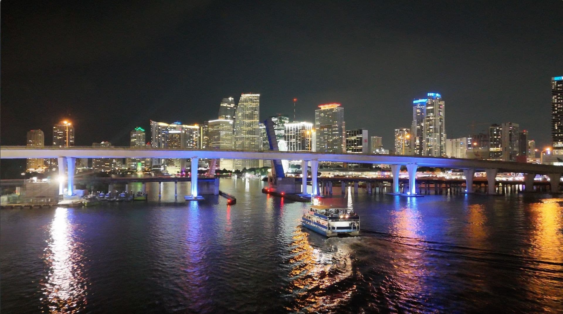 Miami skyline at night with skyline cruises