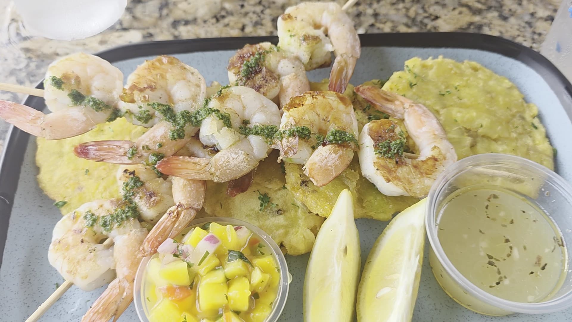 Shrimp skewers and plantains at Monty's Coconut Grove, Miami
