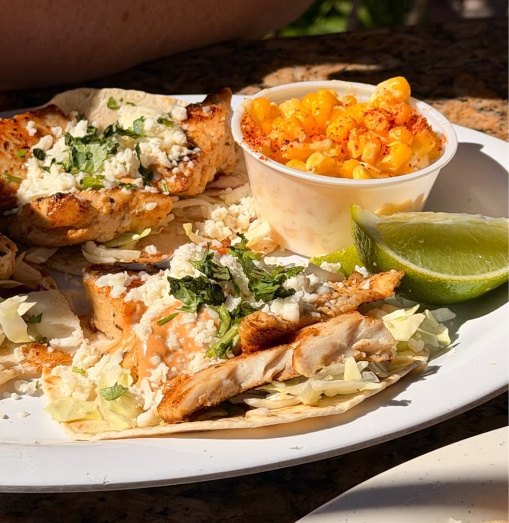 Delicious tacos and corn at Monty's Coconut Grove, Miami