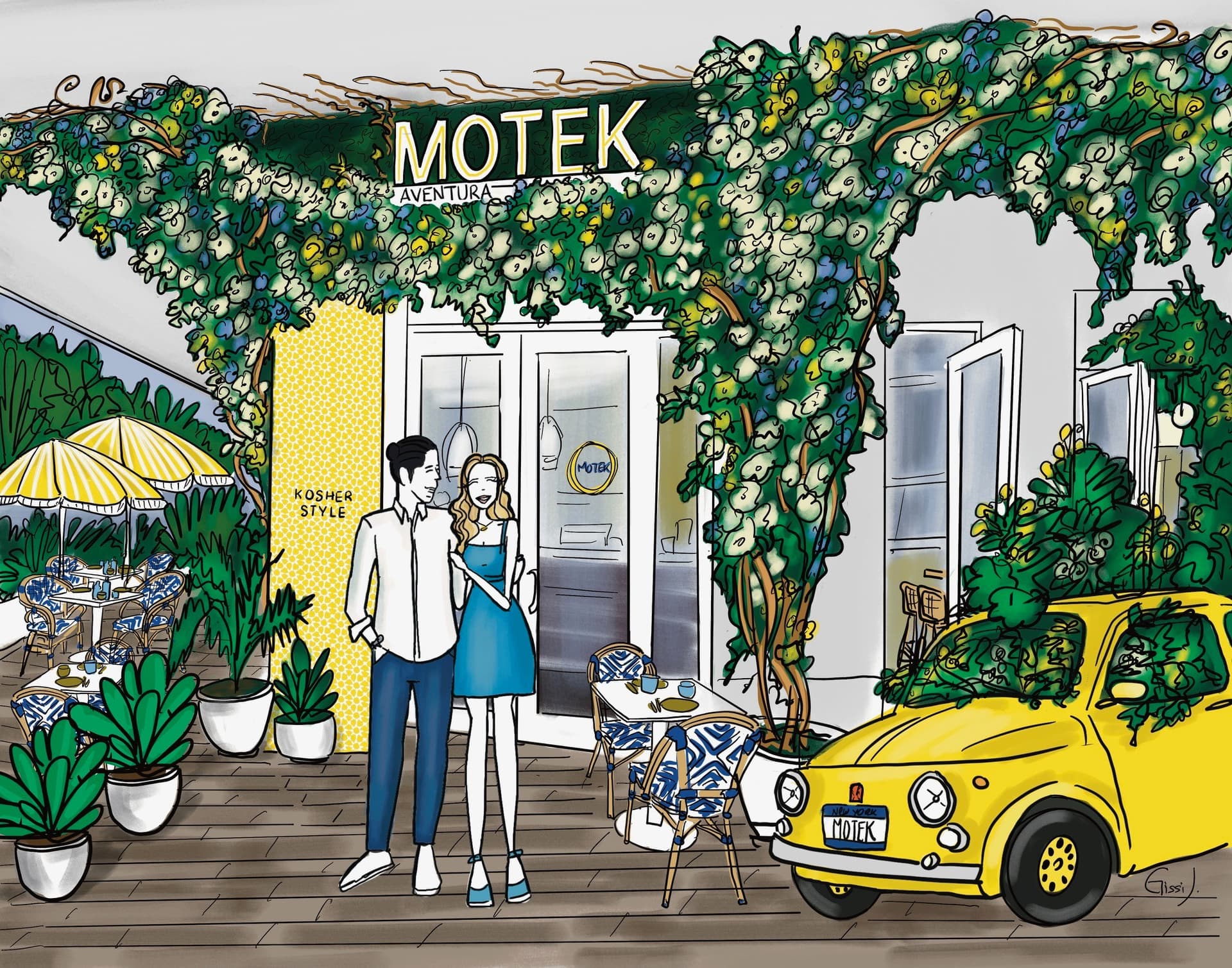 Motek Aventura restaurant exterior with vibrant decor