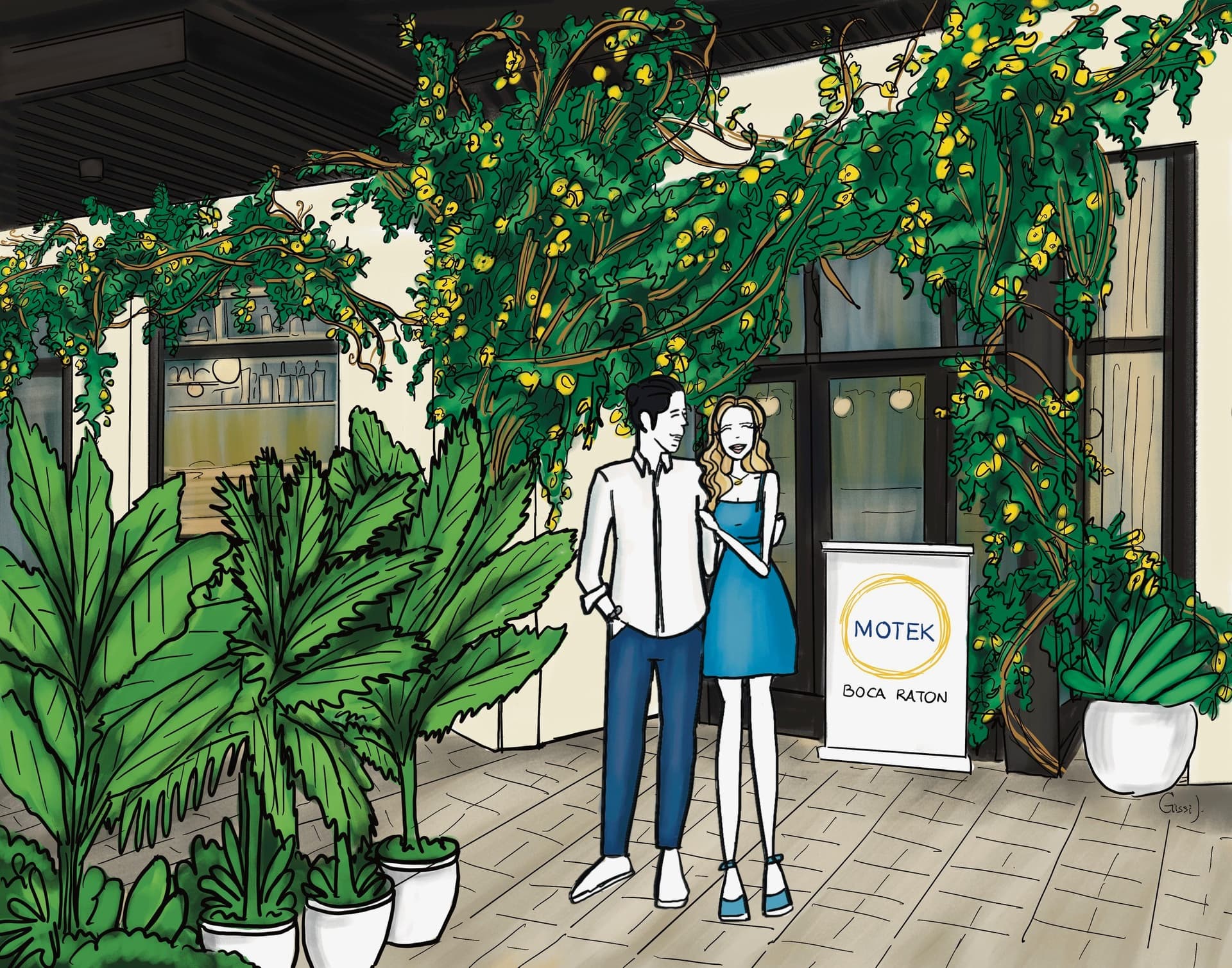 Motek Aventura restaurant exterior with greenery
