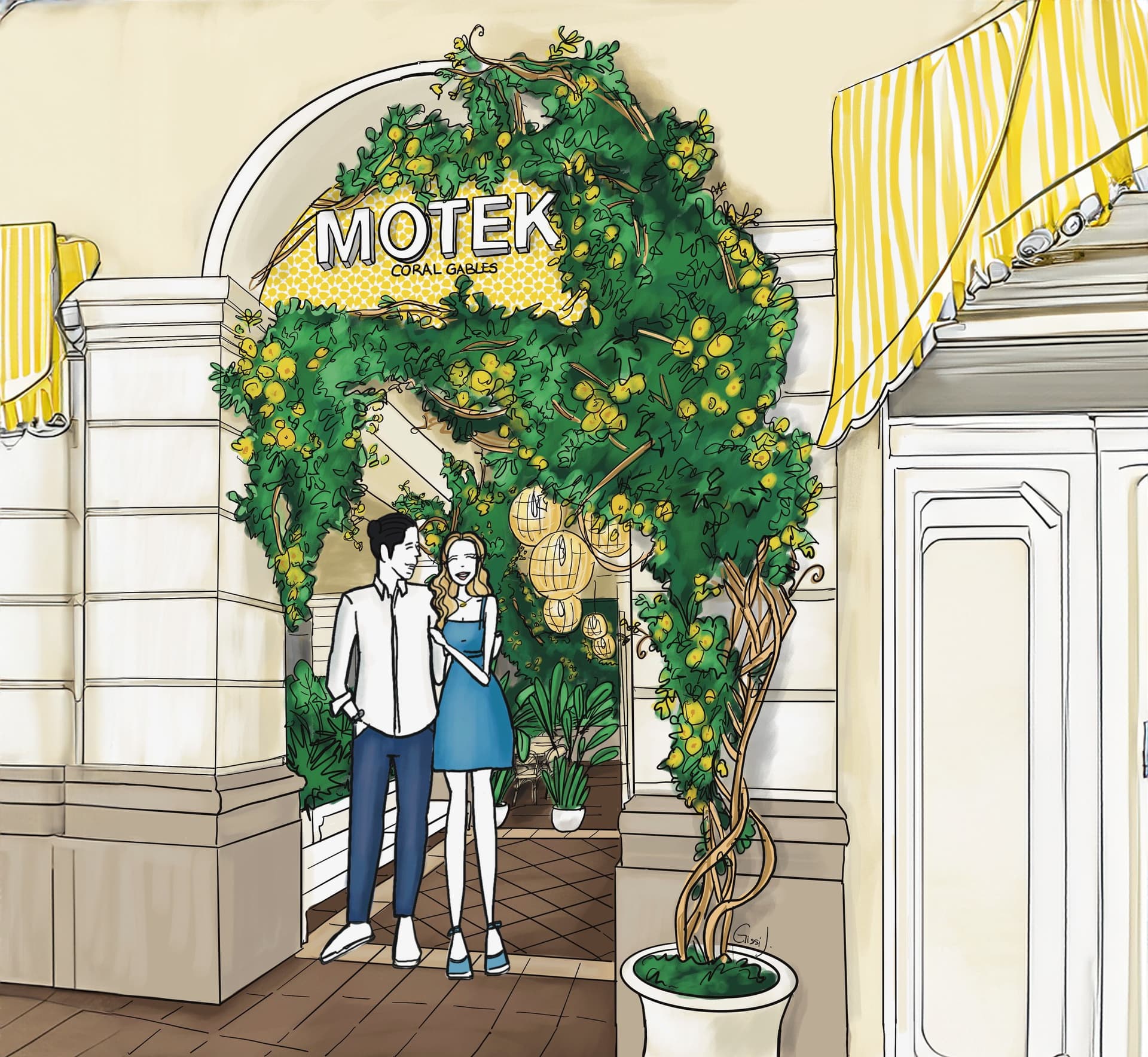 Motek Aventura entrance with greenery and couple