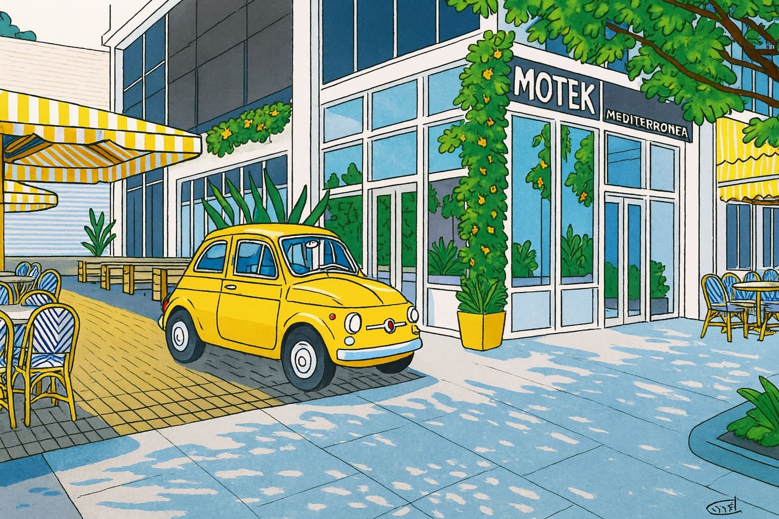 Motek Aventura restaurant exterior with yellow car