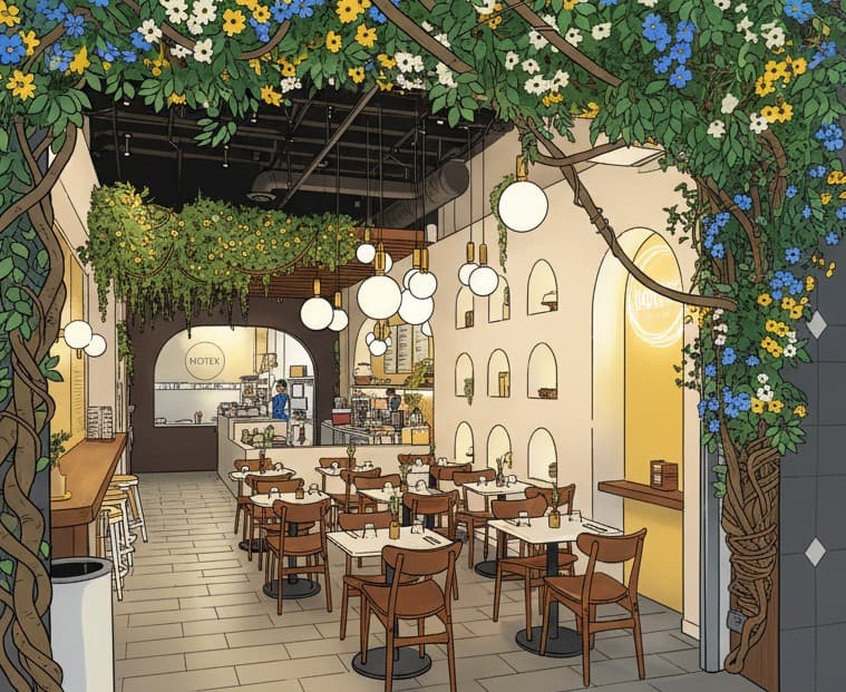 Motek Aventura restaurant interior with floral decor