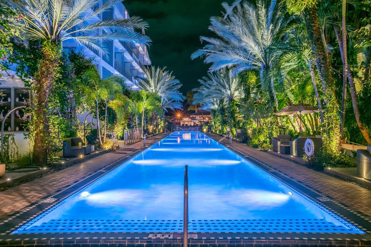 Illuminated pool at National Hotel in Miami Beach