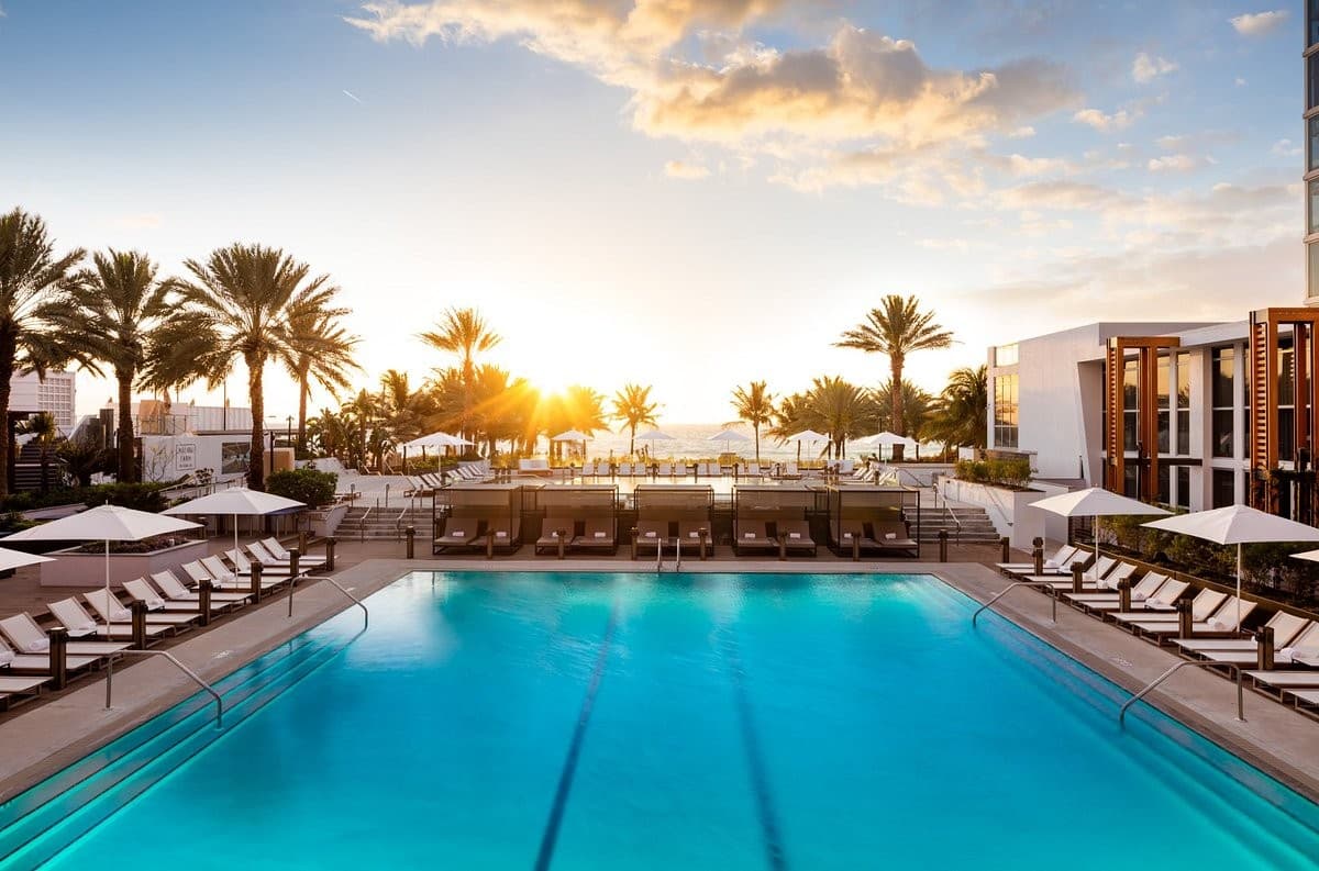 Nobu Hotel pool during sunset in Miami Beach