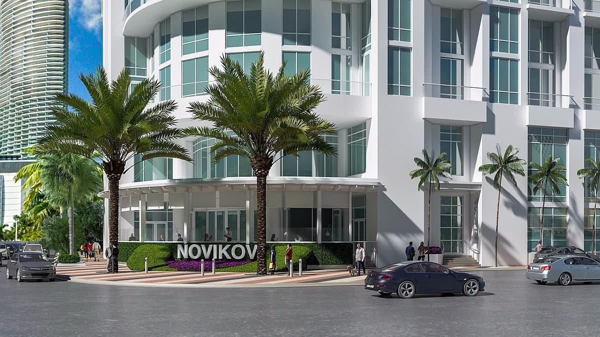 Novikov Miami restaurant exterior with palm trees