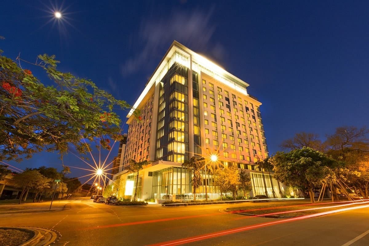 Novotel Miami Brickell hotel facade at night
