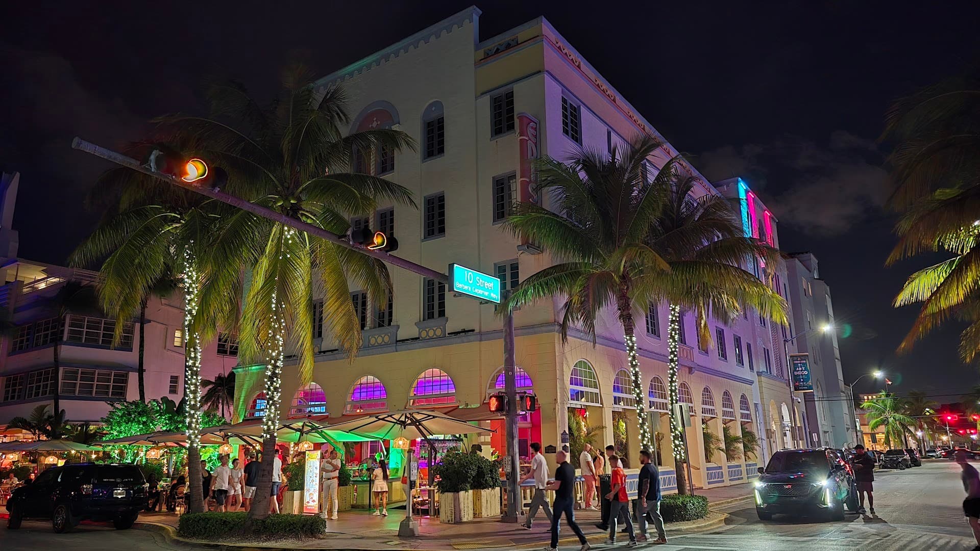 Palace Bar & Restaurant exterior at night in Miami Beach