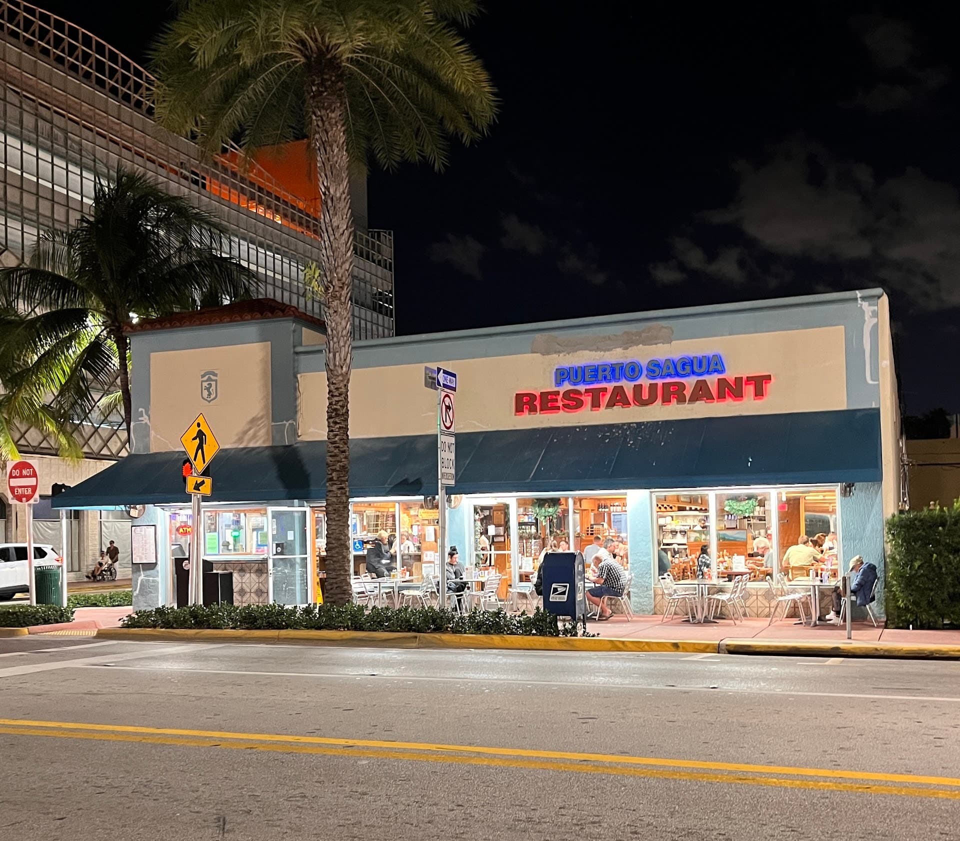 Puerto Sagua Restaurant exterior view at night, Miami Beach