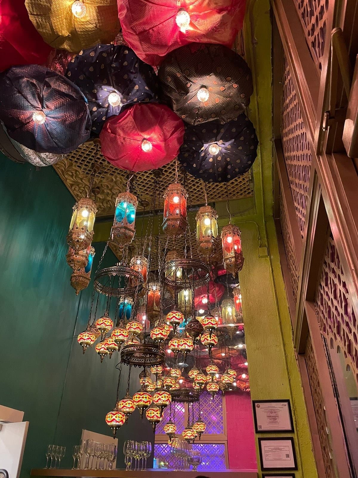 Colorful interior lighting at Rishtedar restaurant in Miami