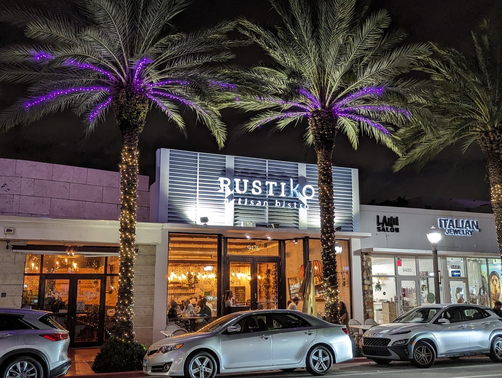 Rustiko restaurant exterior in Surfside, Miami at night