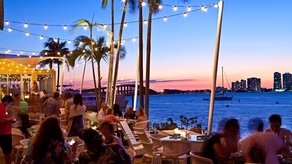 Outdoor dining ambiance at Rusty Pelican Miami, Key Biscayne