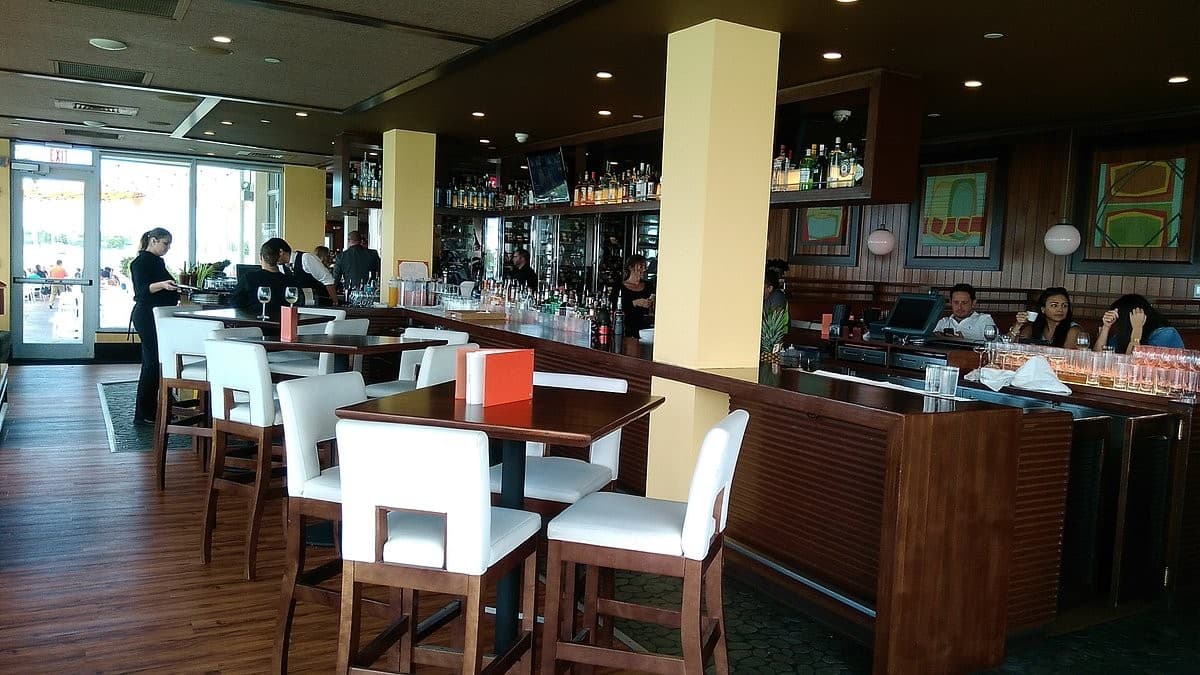 Interior dining scene at Rusty Pelican Miami in Key Biscayne