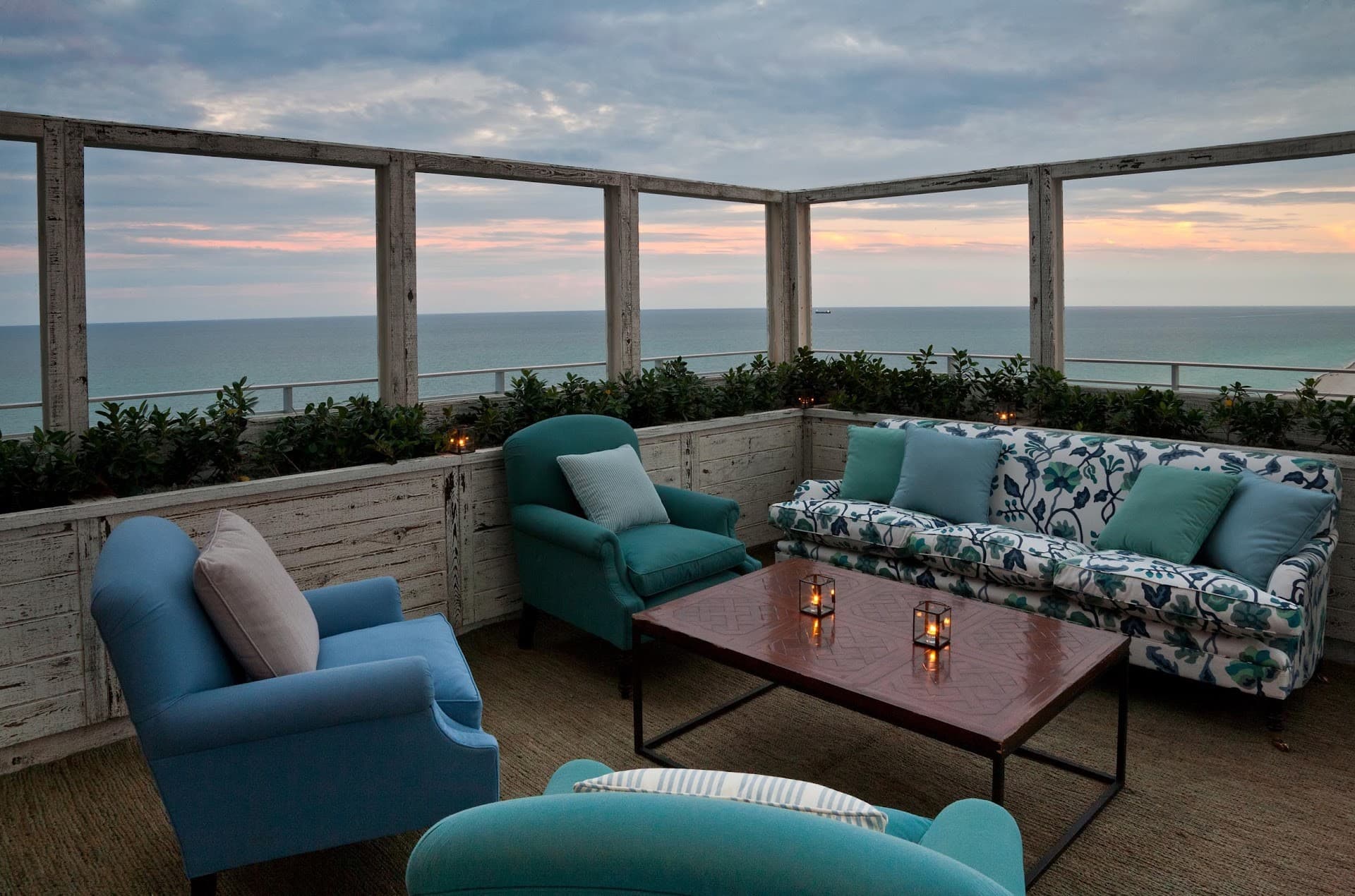 Soho Beach House rooftop seating with ocean view in Miami Beach