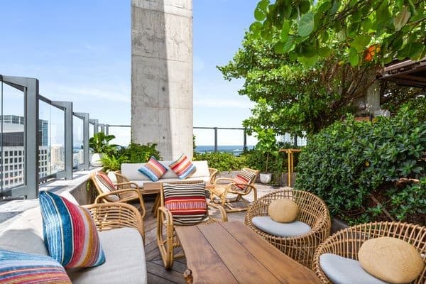 Rooftop lounge at Sugar, Miami with vibrant decor