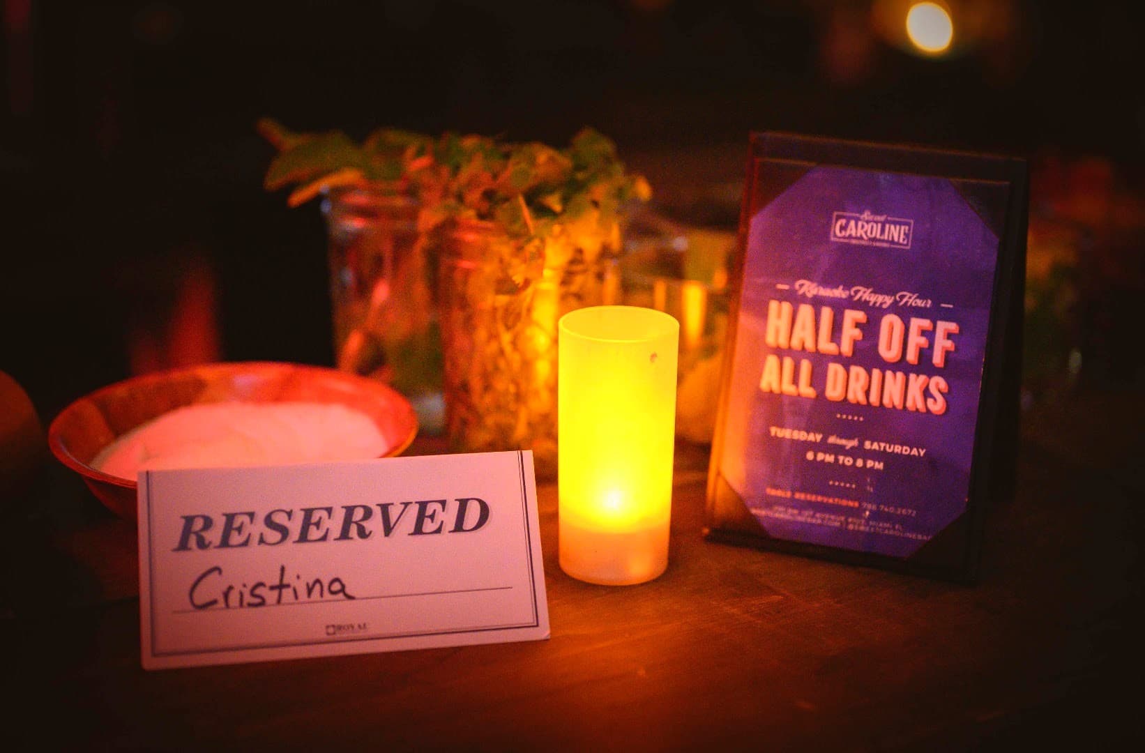 Reserved sign at Sweet Caroline Karaoke Bar in Miami