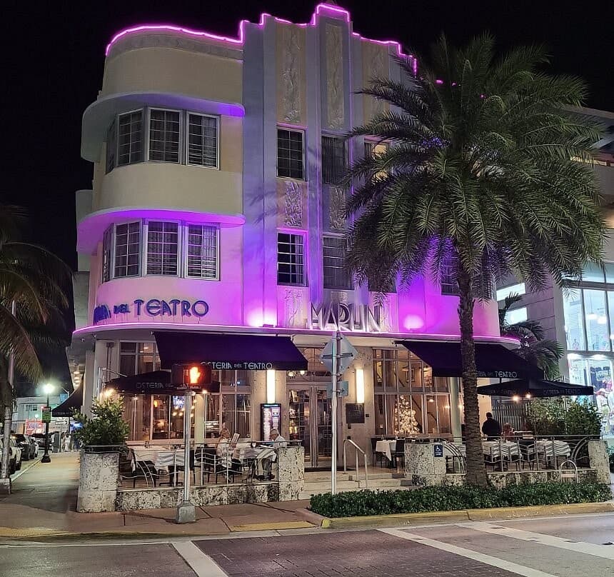 The Marlin Hotel exterior at night in Miami Beach