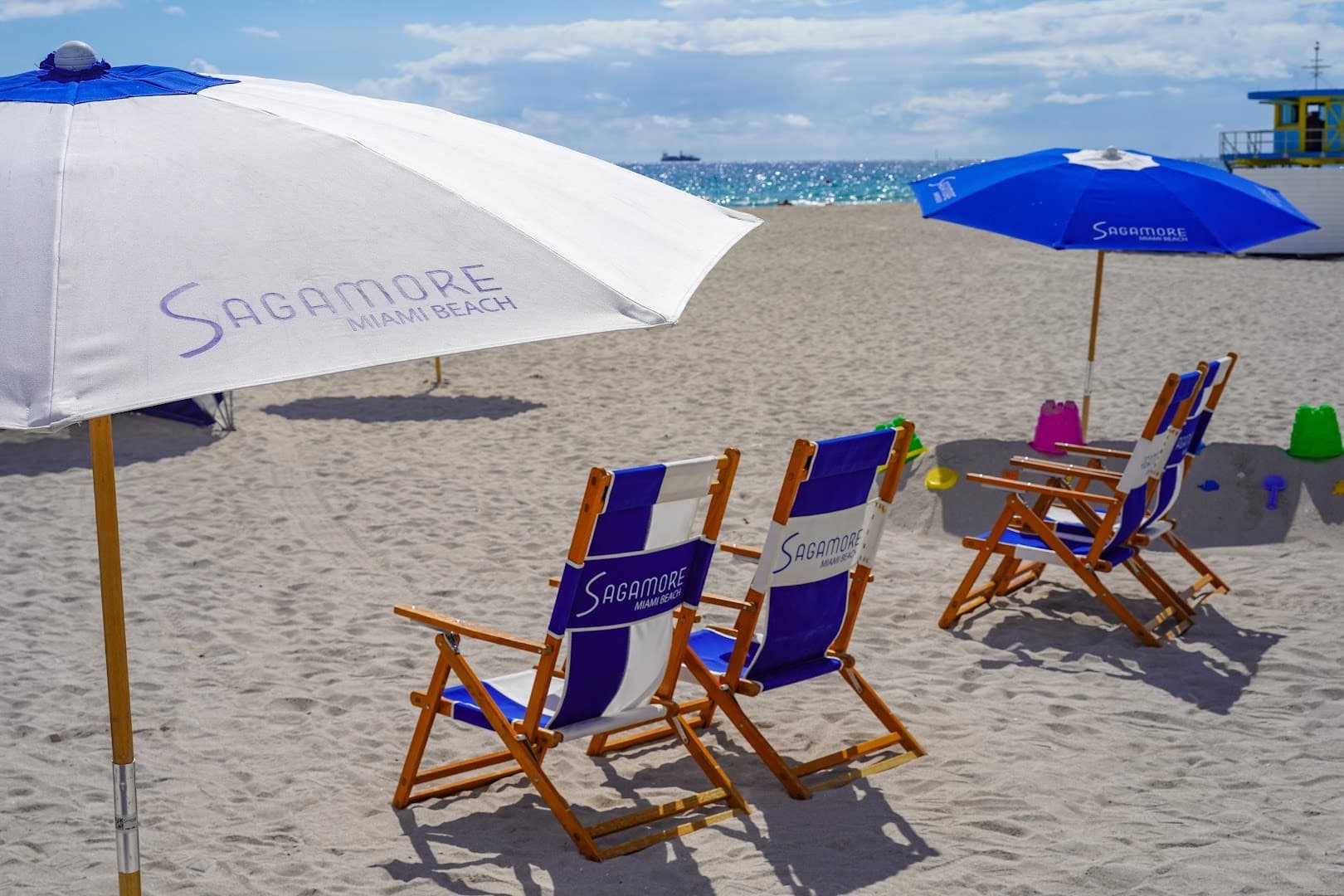 Beach chairs and umbrellas at The Sagamore Hotel South Beach, 1671 Collins Ave