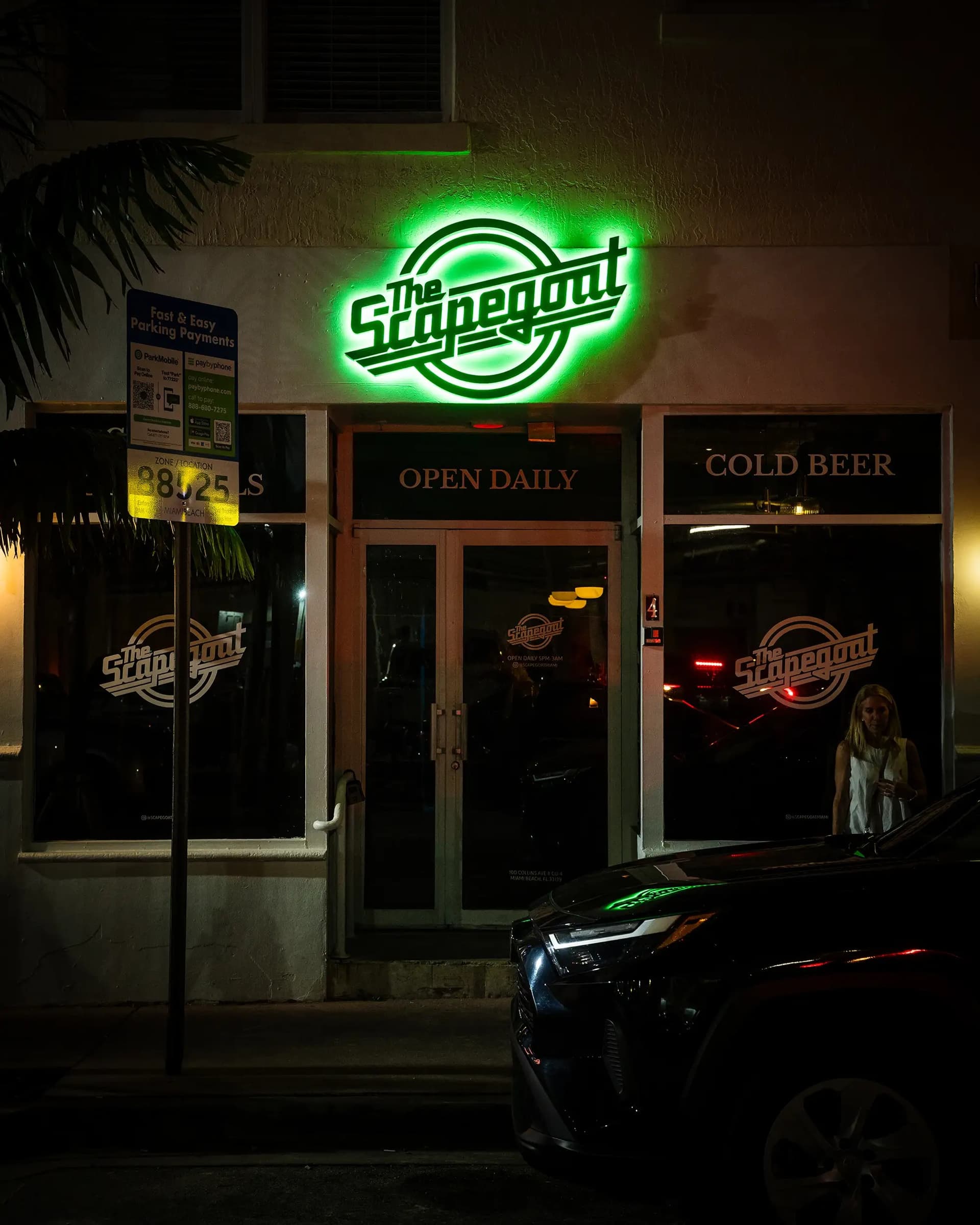 The Scapegoat Miami Beach bar exterior at night