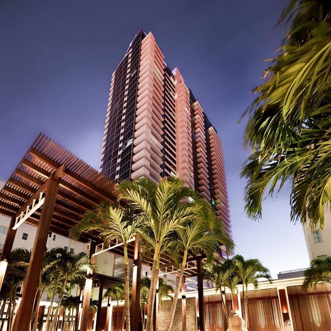 The Setai exterior view at night in Miami Beach