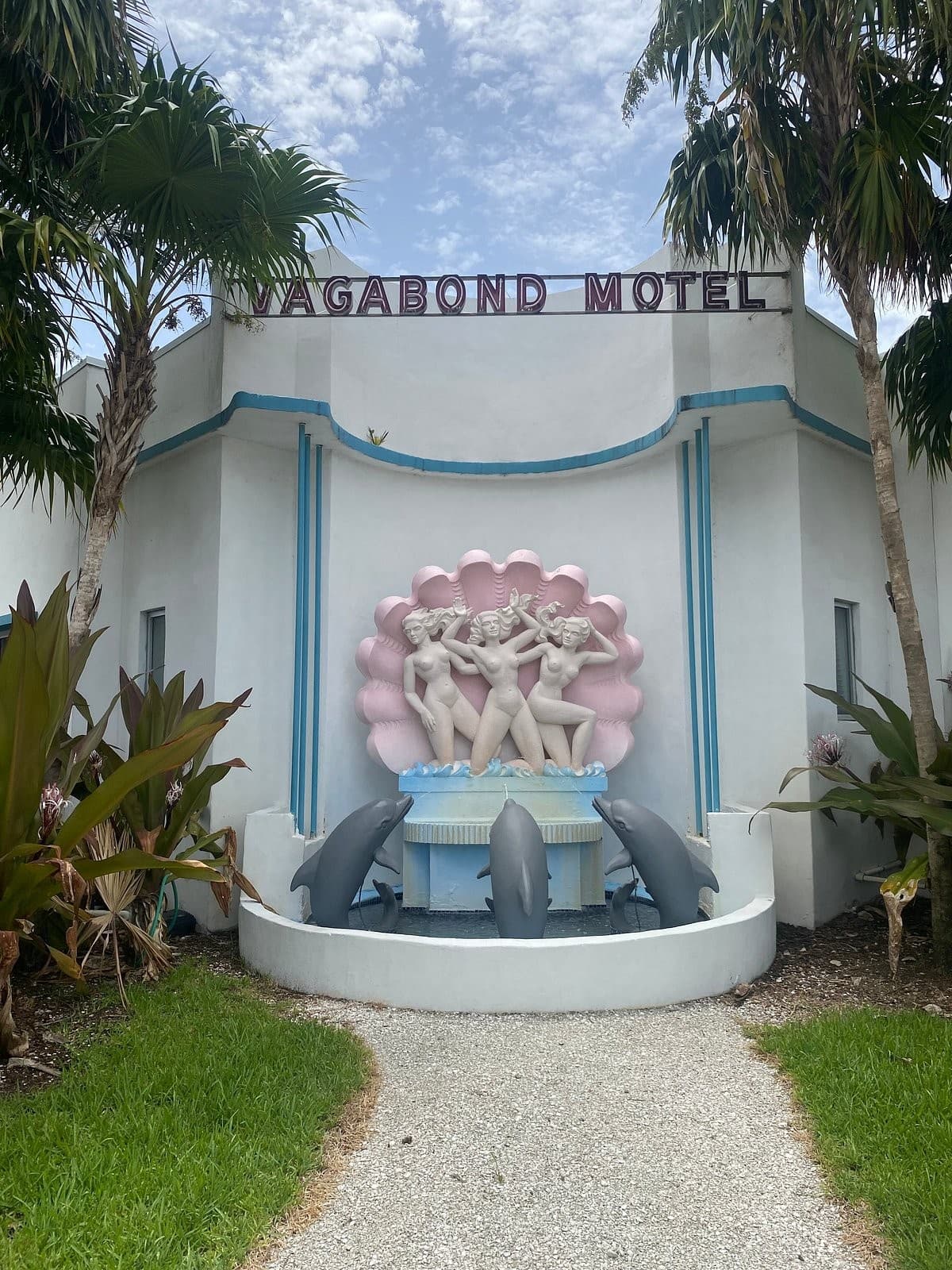 Vagabond Motel Miami exterior with dolphin sculpture