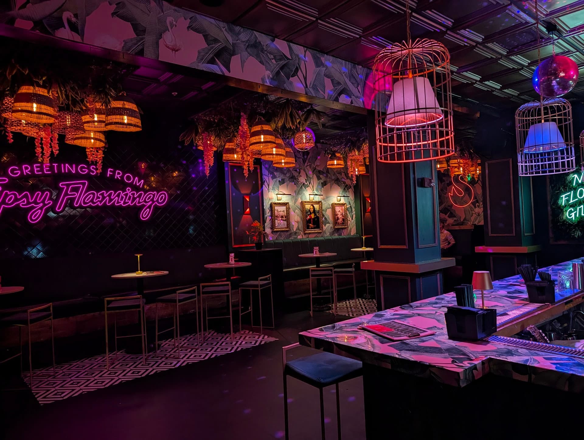 Stylish interior of Tipsy Flamingo Cocktail Bar in Miami