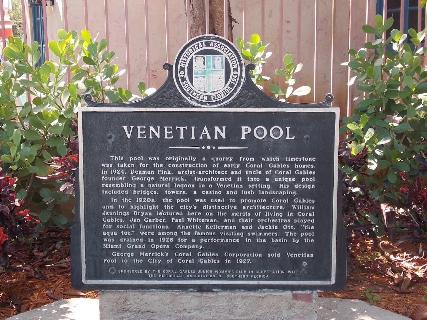 Venetian Pool historical sign in Coral Gables