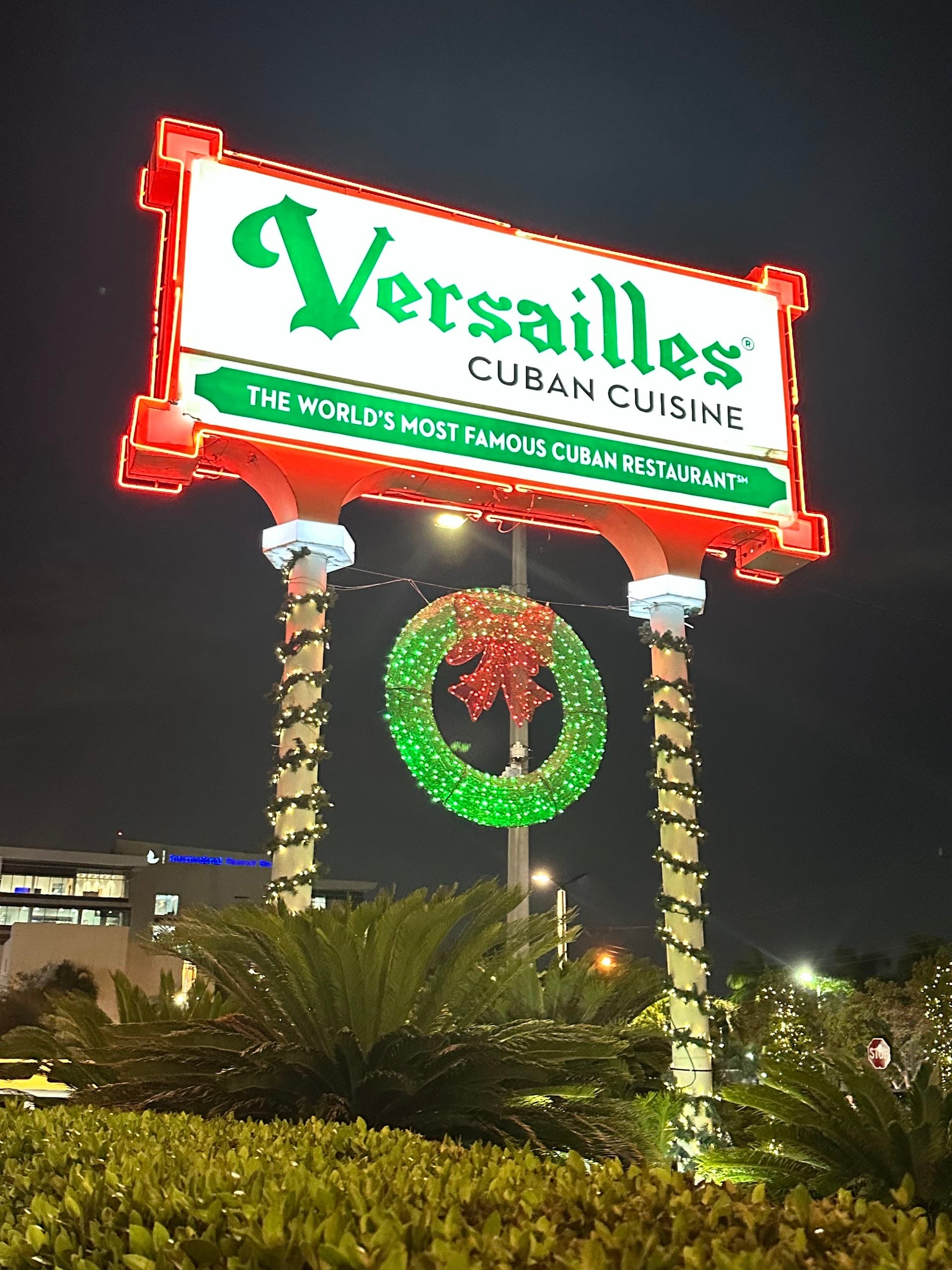 Versailles Restaurant signage in Miami with holiday decorations