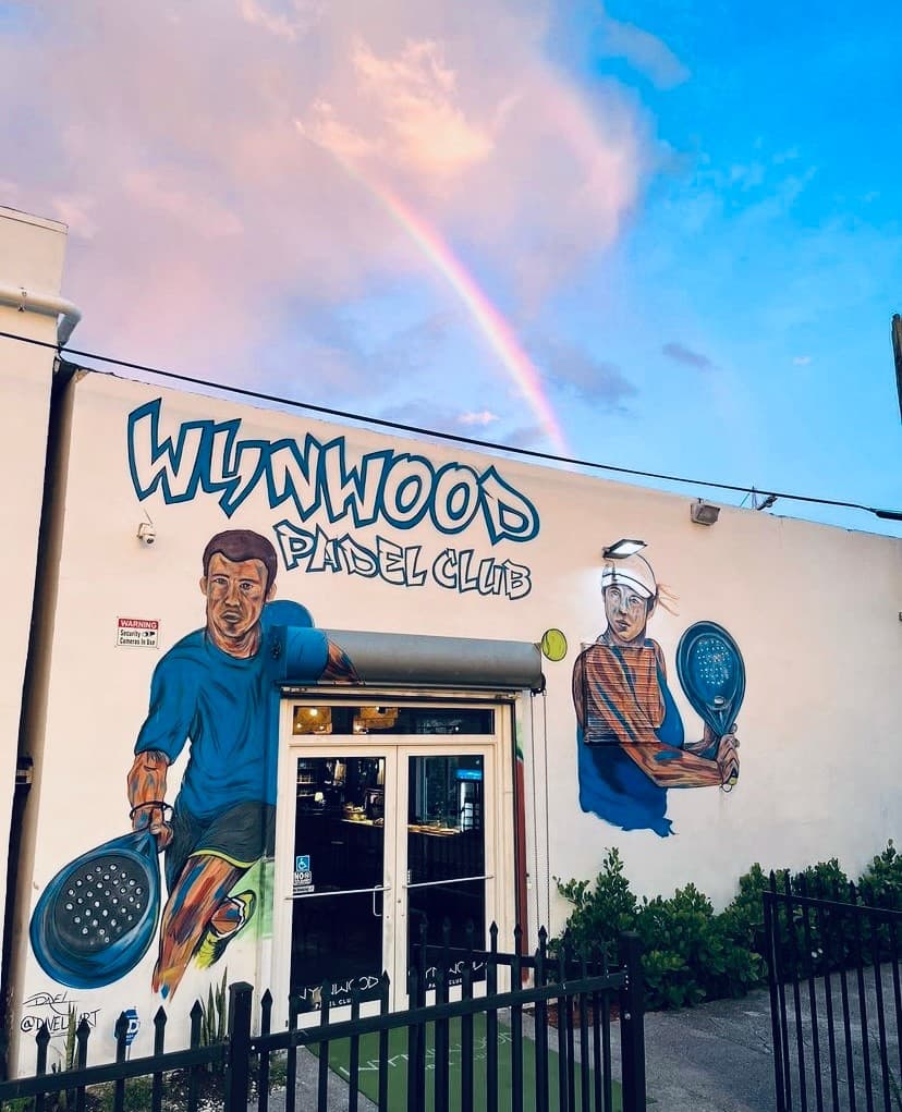 Wynwood Padel Club exterior with rainbow in Miami